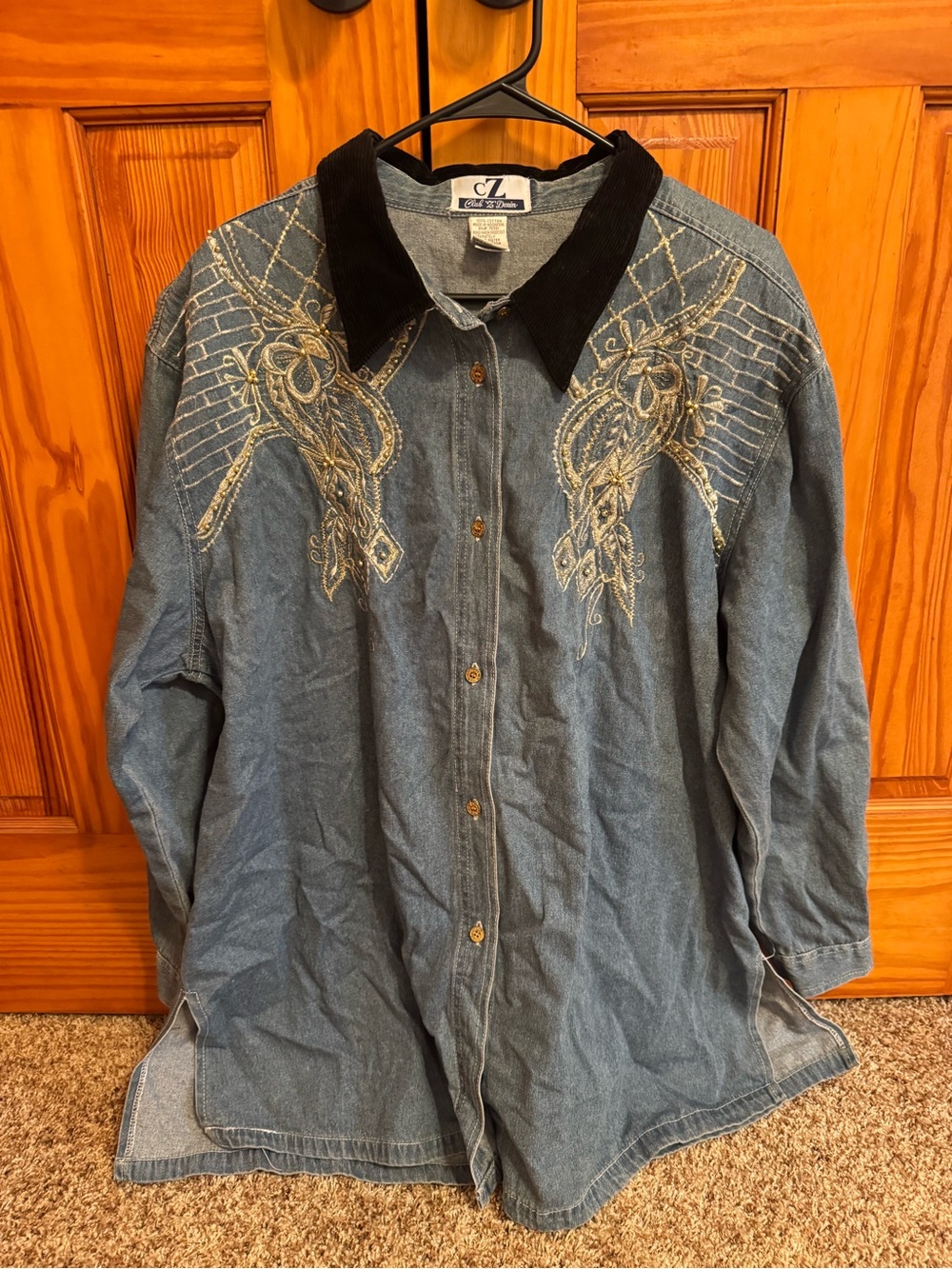 Vintage Blue Denim Jacket with Black Corduroy Collar and Cream Embroidery